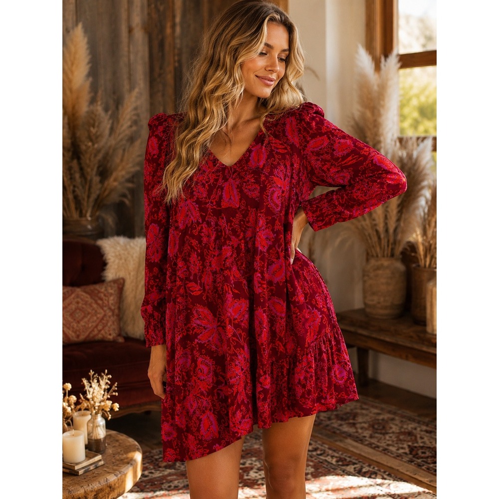 Free People Womens M Red Floral Print Hello Lover Tunic Top Ruched Sleeves
